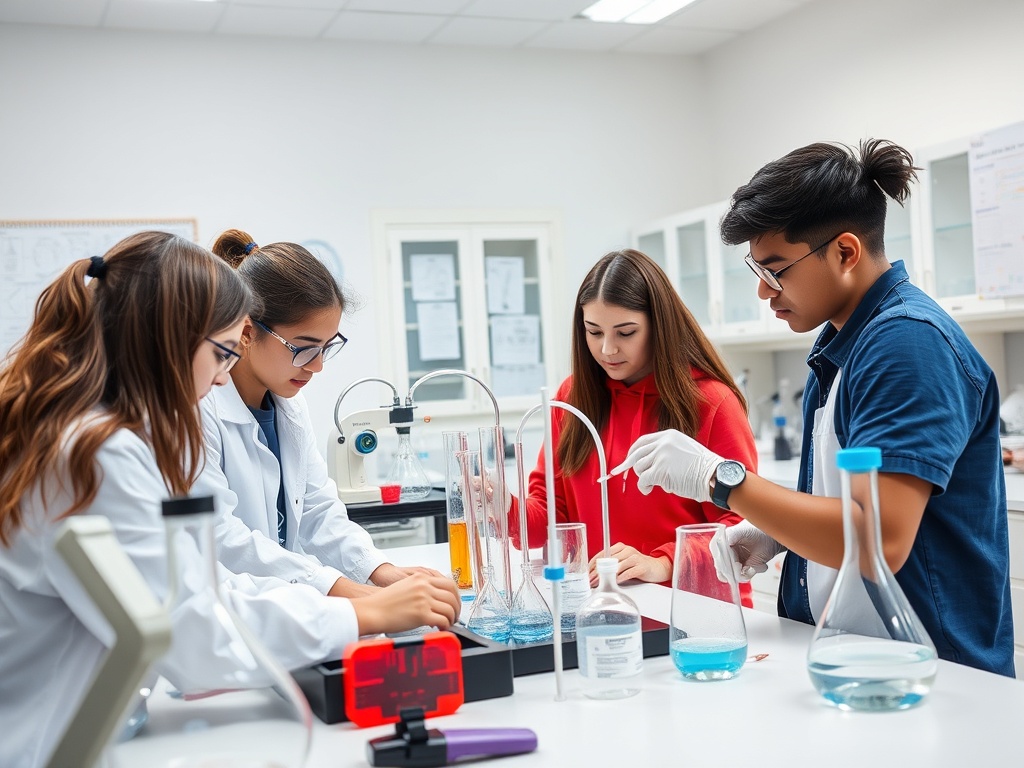 Четыре студента в лаборатории проводят эксперименты с химическими реактивами.