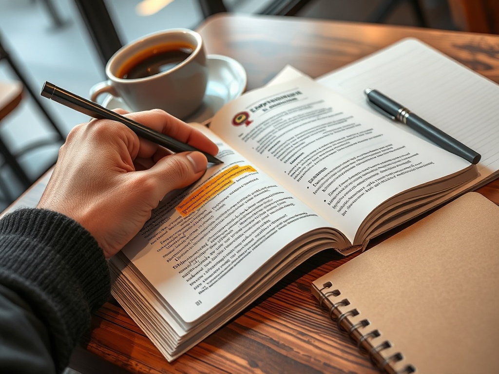 На столе книга с выделенными строками, ручка, блокнот и чашка кофе. Читают и делают заметки.
