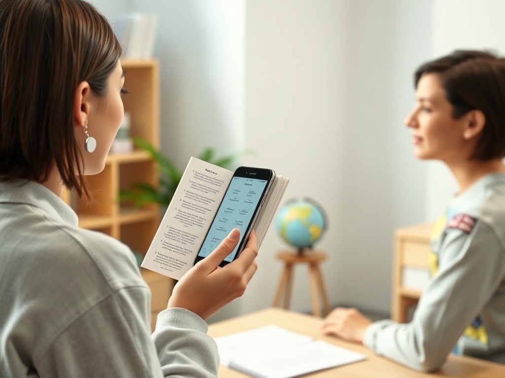 Девушка сидит за столом, читая книгу и смотря на телефон, другая девушка слушает её. На фоне глобус.