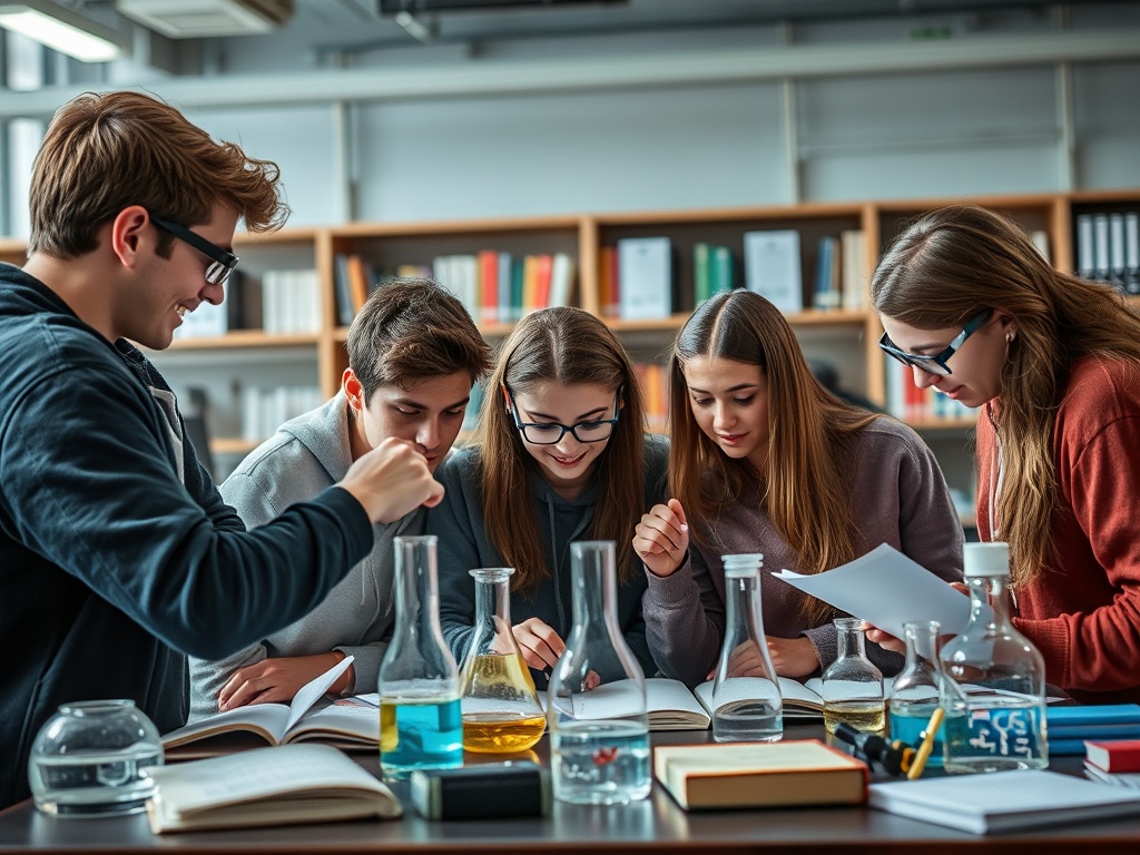 Группа студентов занимается учебой в лаборатории, исследуя книги и материалы. На столе находятся колбы.
