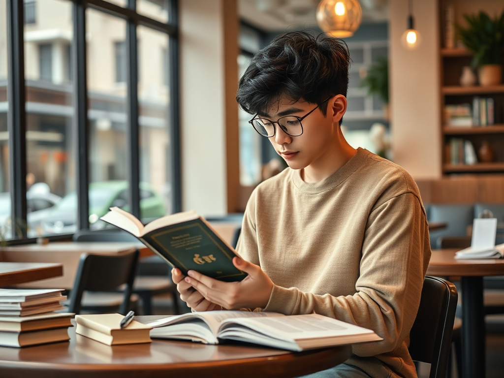 Молодой человек в свитере читает книгу в кафе, окруженный стопками книг на столе.
