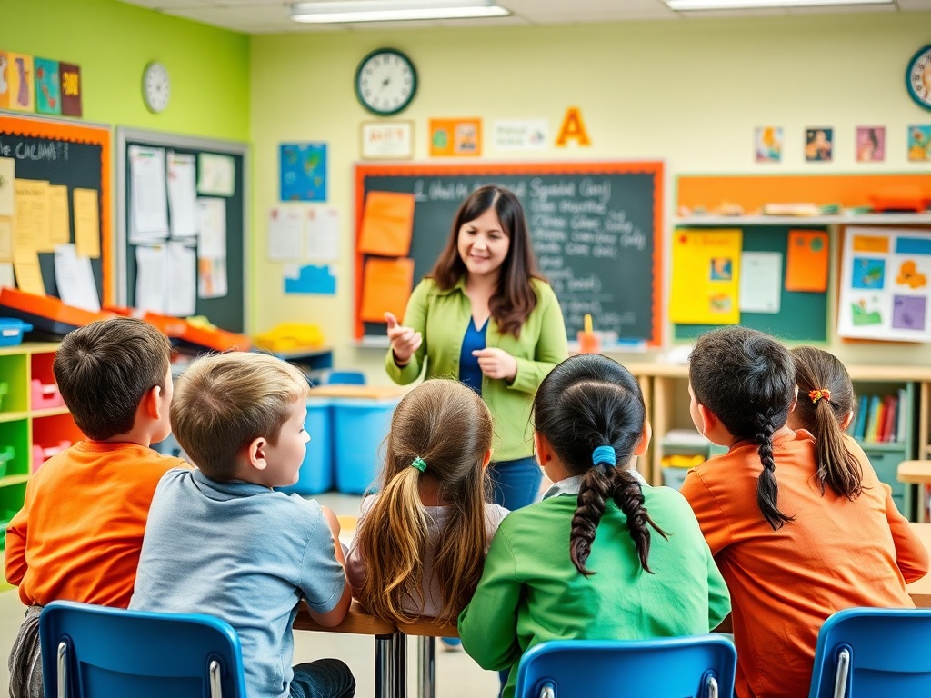 Учительница объясняет что-то группе детей в ярком классе, наполненном учебными материалами.