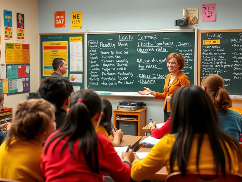 В классе учительница объясняет что-то группе учеников, сидящих за партами. На доске написаны заметки.