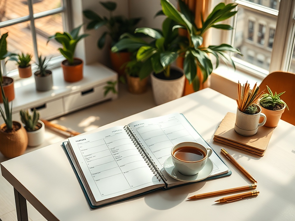 На столе открыт ежедневник, чашка с чаем и цветы в горшках на фоне окна.