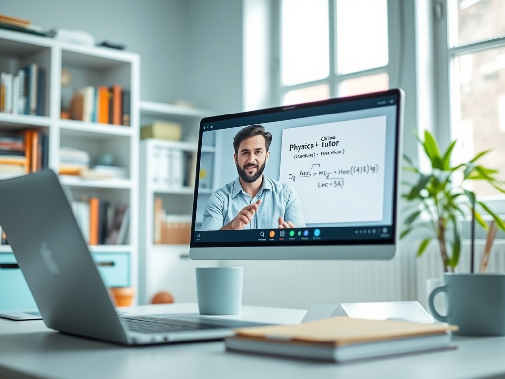 На экране компьютера онлайн-урок физики с преподавателем, в комнате есть учебные материалы и растения.