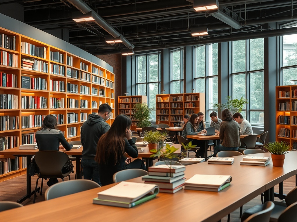 Современная библиотека с читателями, работающими за столами между полками с книгами и растениями.