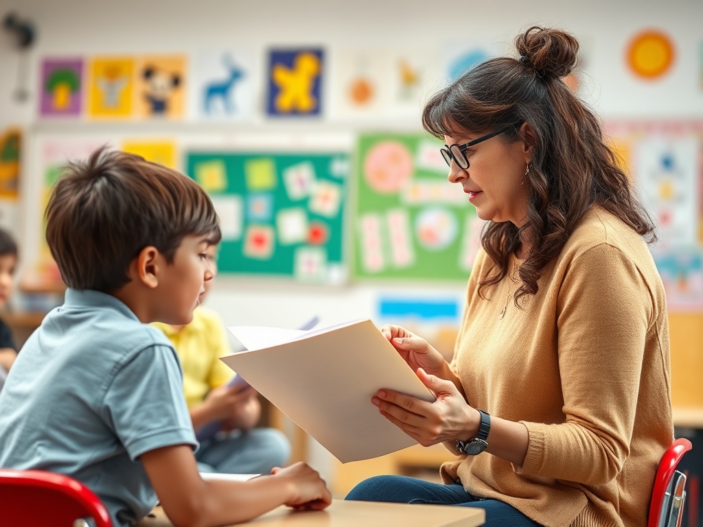 Учительница объясняет что-то ученику в классе, где вокруг яркие рисунки и постеры.