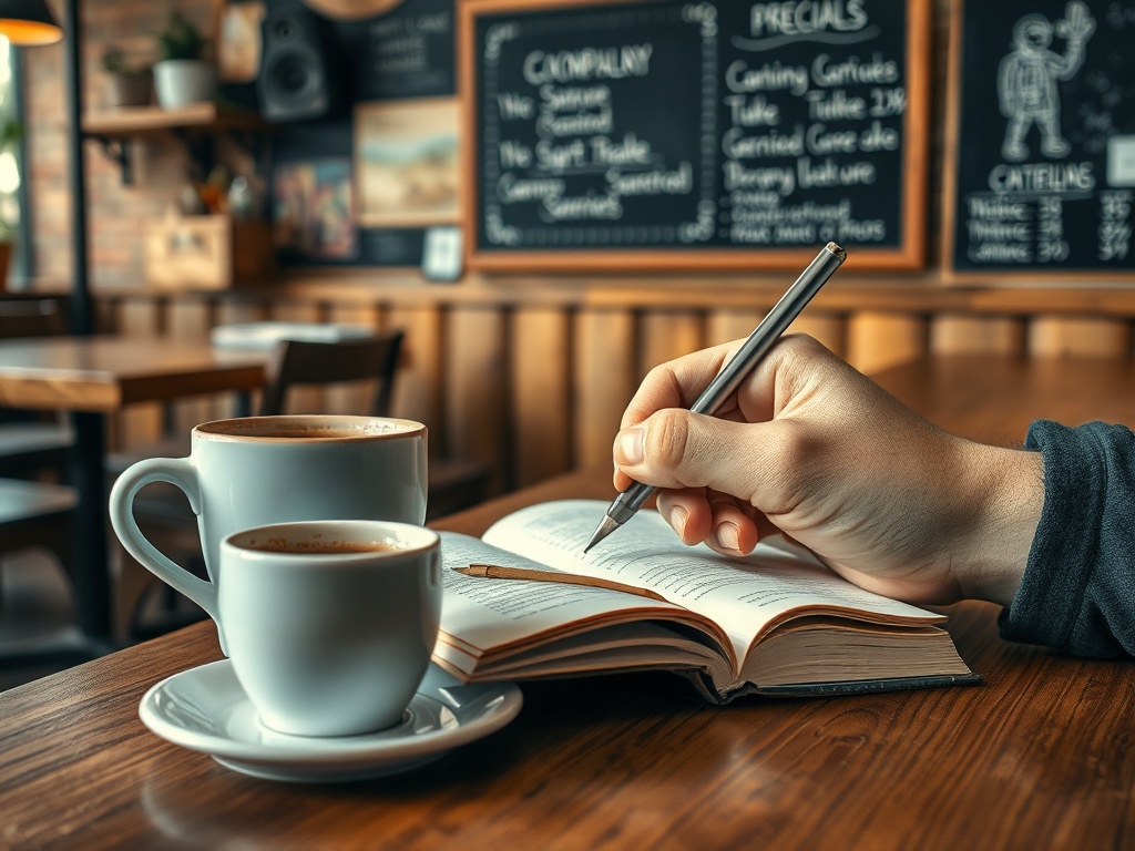 На столе стоят две чашки кофе, человек пишет в книге, вокруг уютная атмосфера кафе.
