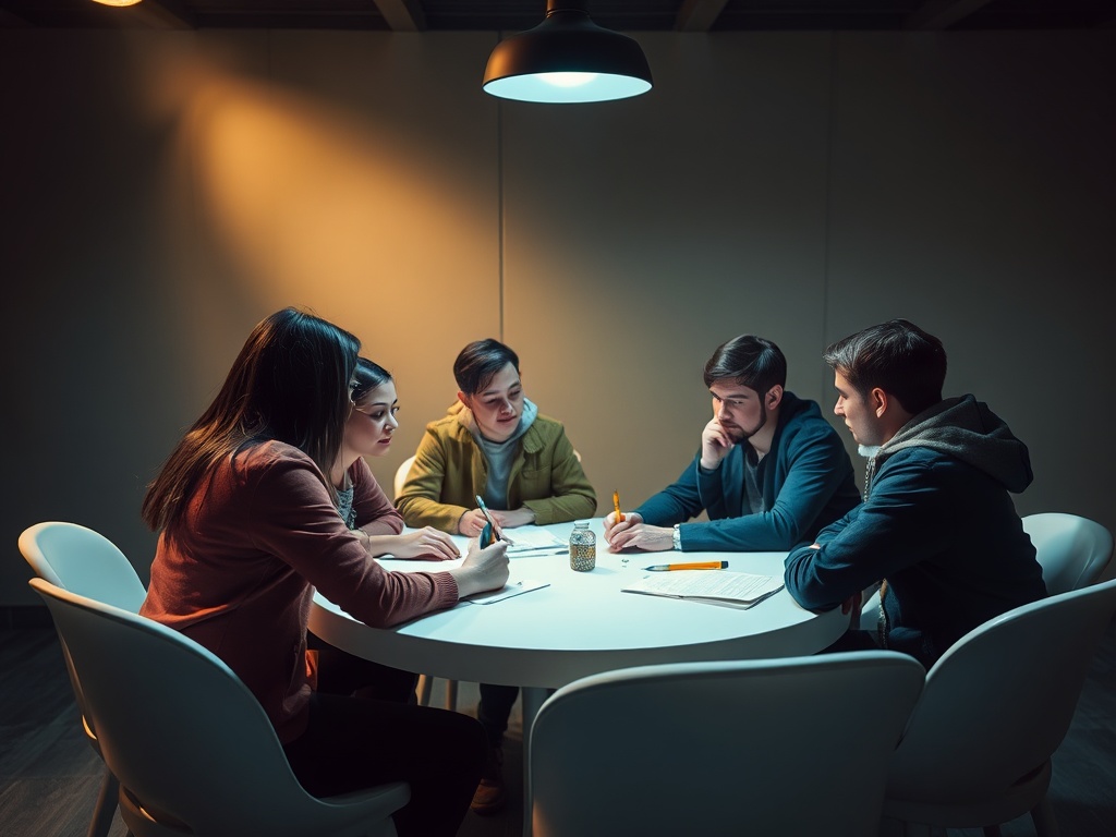 Группа молодых людей обсуждает идеи за круглым столом в тусклом освещении.