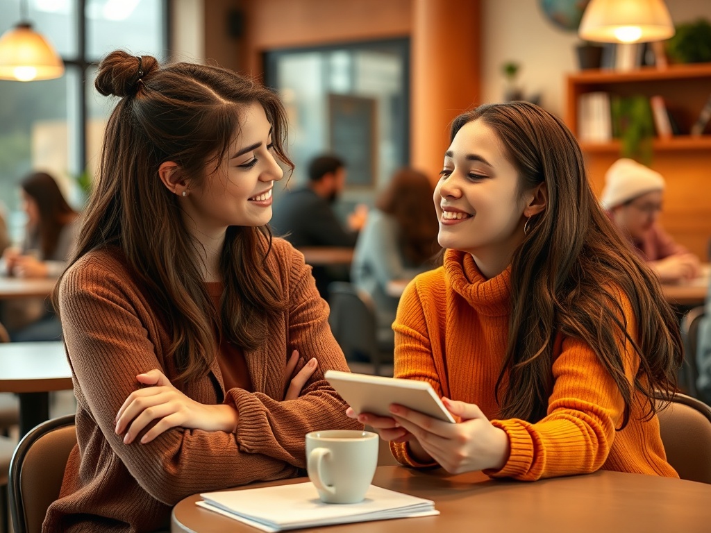 Две девушки смеются и общаются в кафе, одна из них держит планшет. На столе чашка кофе.