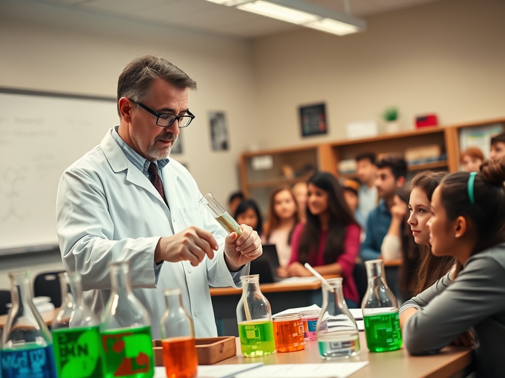 Преподаватель демонстрирует эксперимент с жидкостями перед внимательной аудиторией студентов в классе.