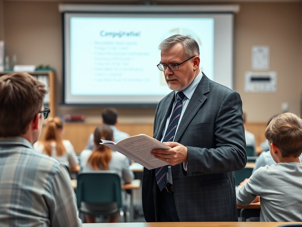 В классе учитель с документами объясняет материал ученикам, сидящим за партами. На экране презентация.