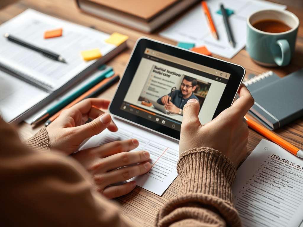 Человек смотрит обучающее видео на планшете, окружённый учебными материалами и чашкой кофе.