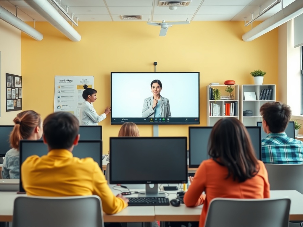 Учебный класс с компьютерами, где один человек объясняет тему на экране видеоконференции.
